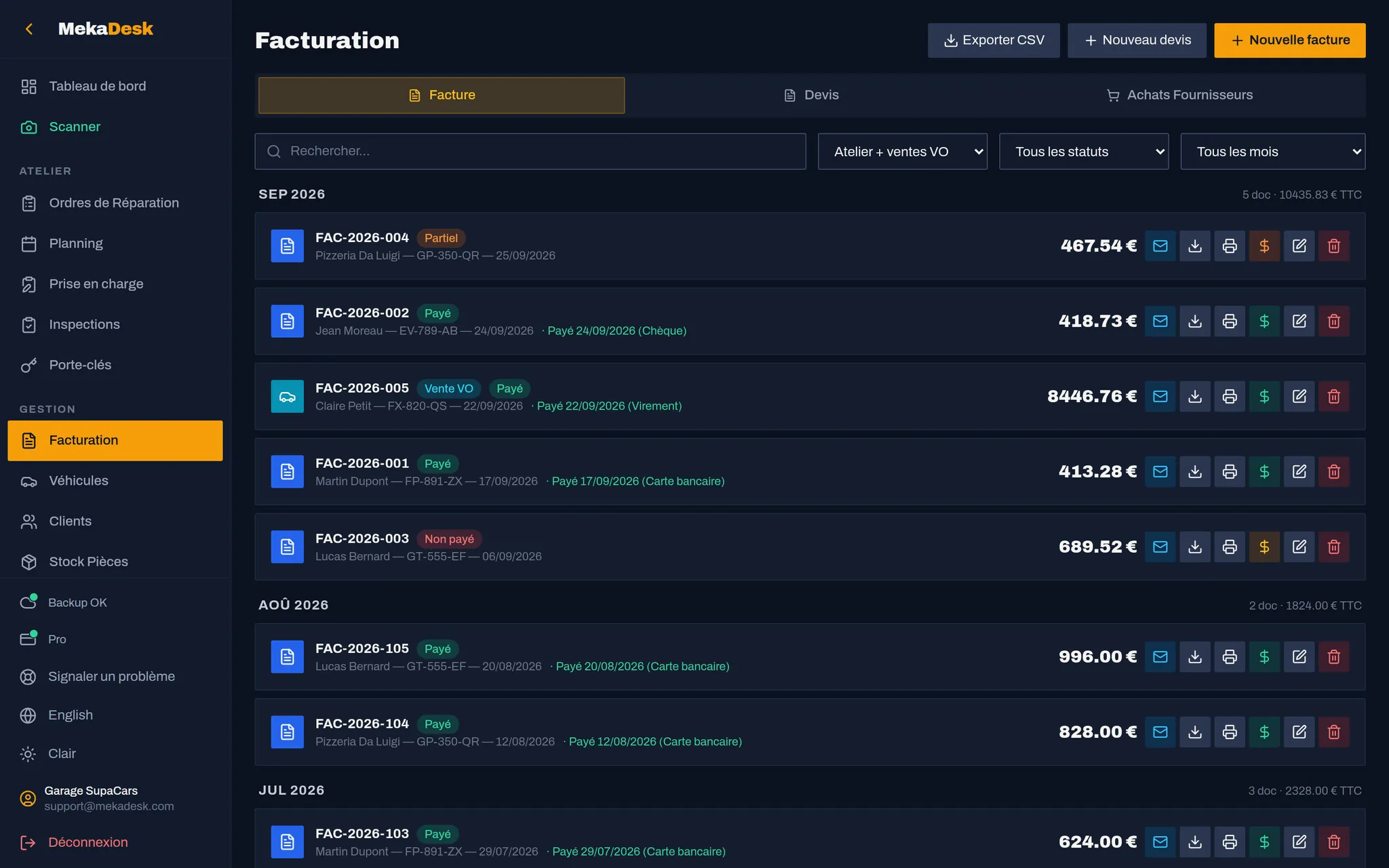 MekaDesk invoicing: garage invoice list with payment status