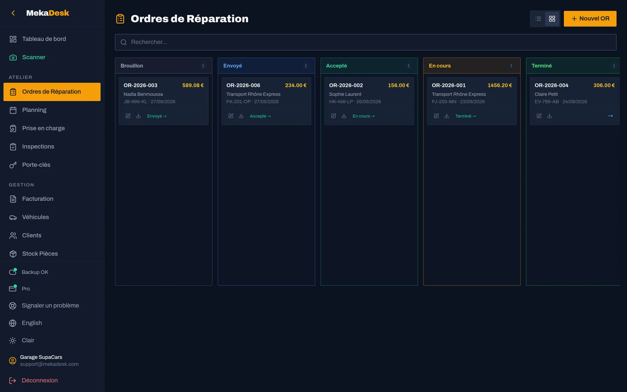 MekaDesk board: repair orders tracked by status, from draft to done