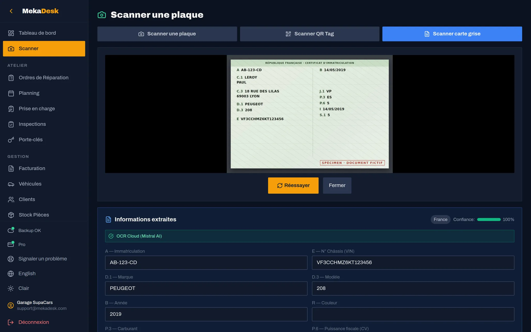 MekaDesk registration scanner: data read from a vehicle registration document (specimen) and pre-filled to create the vehicle record