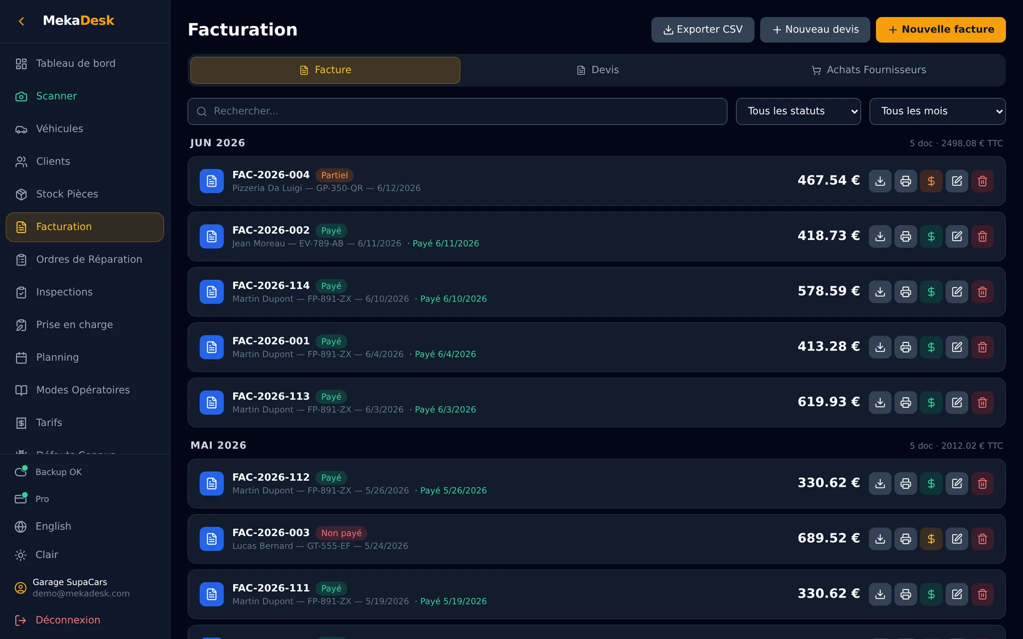 Facturation MekaDesk : liste des devis et factures du garage avec statuts de paiement