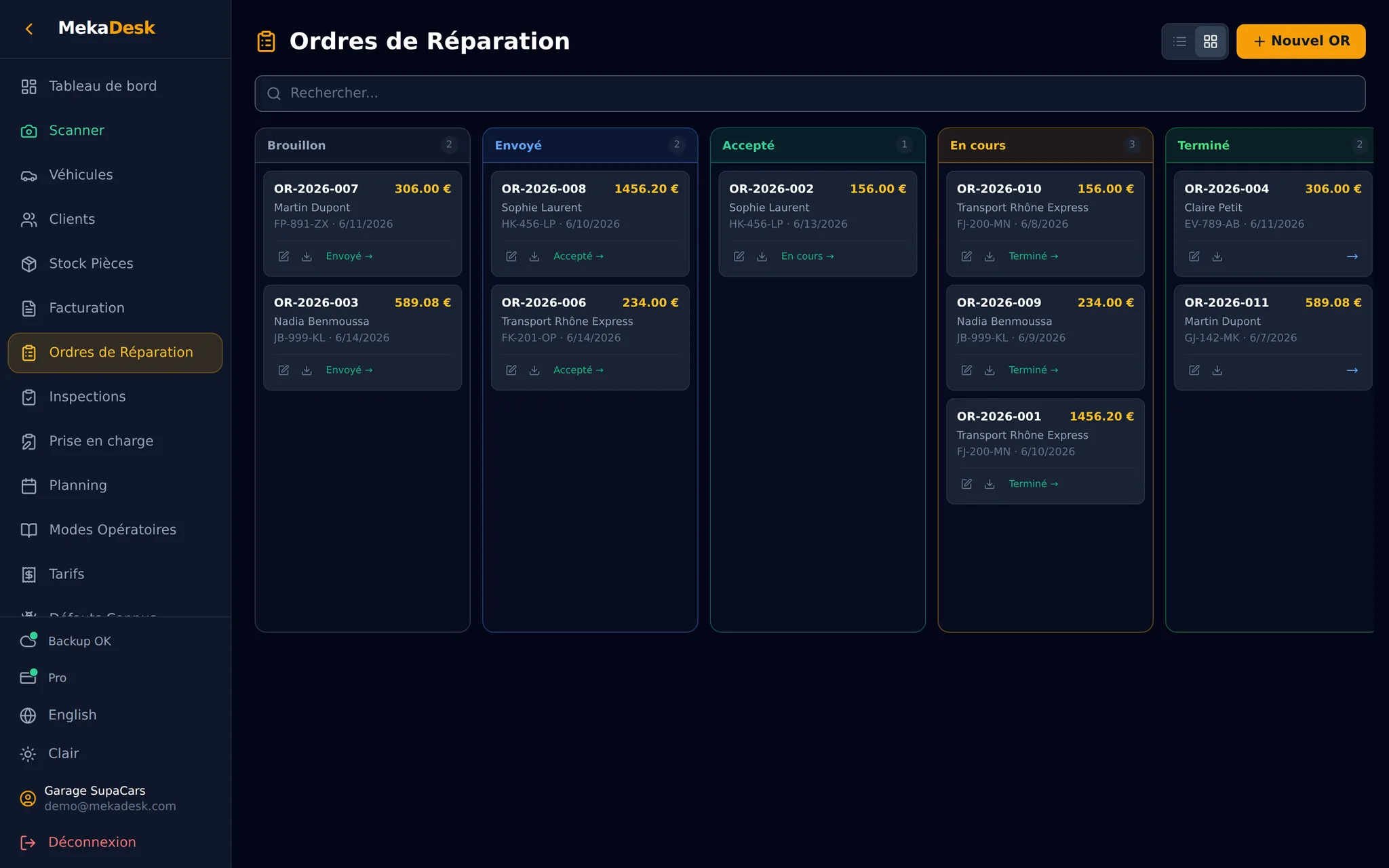 Tableau kanban MekaDesk : suivi des ordres de réparation par statut, du brouillon à la facturation