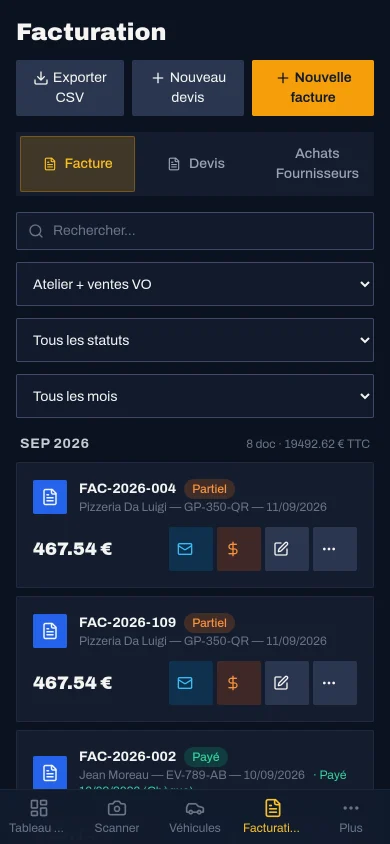 Facturation MekaDesk sur téléphone : liste des factures du garage avec statuts de paiement