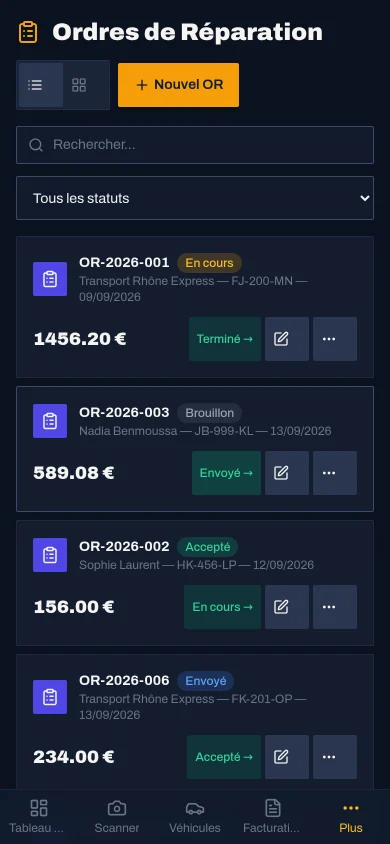 Ordres de réparation MekaDesk sur téléphone : liste des OR par statut