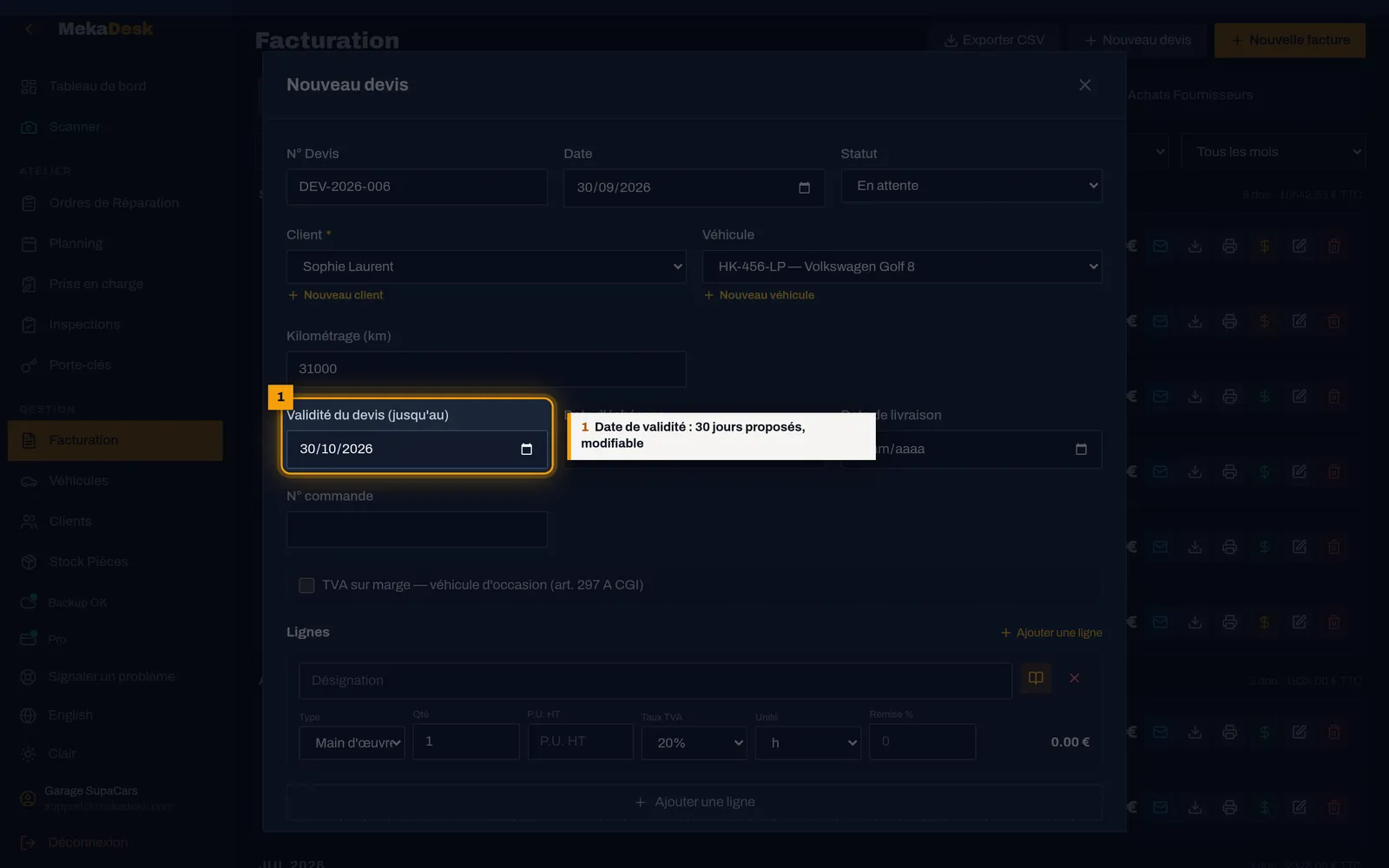Fixez la validité du devis : capture de l'écran MekaDesk
