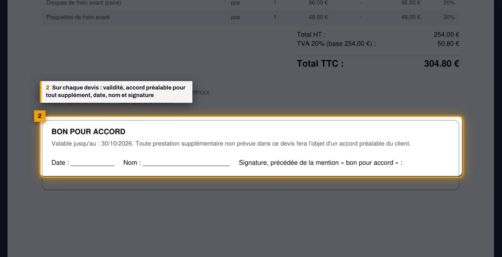 Le devis porte un bon pour accord : capture de l'écran MekaDesk