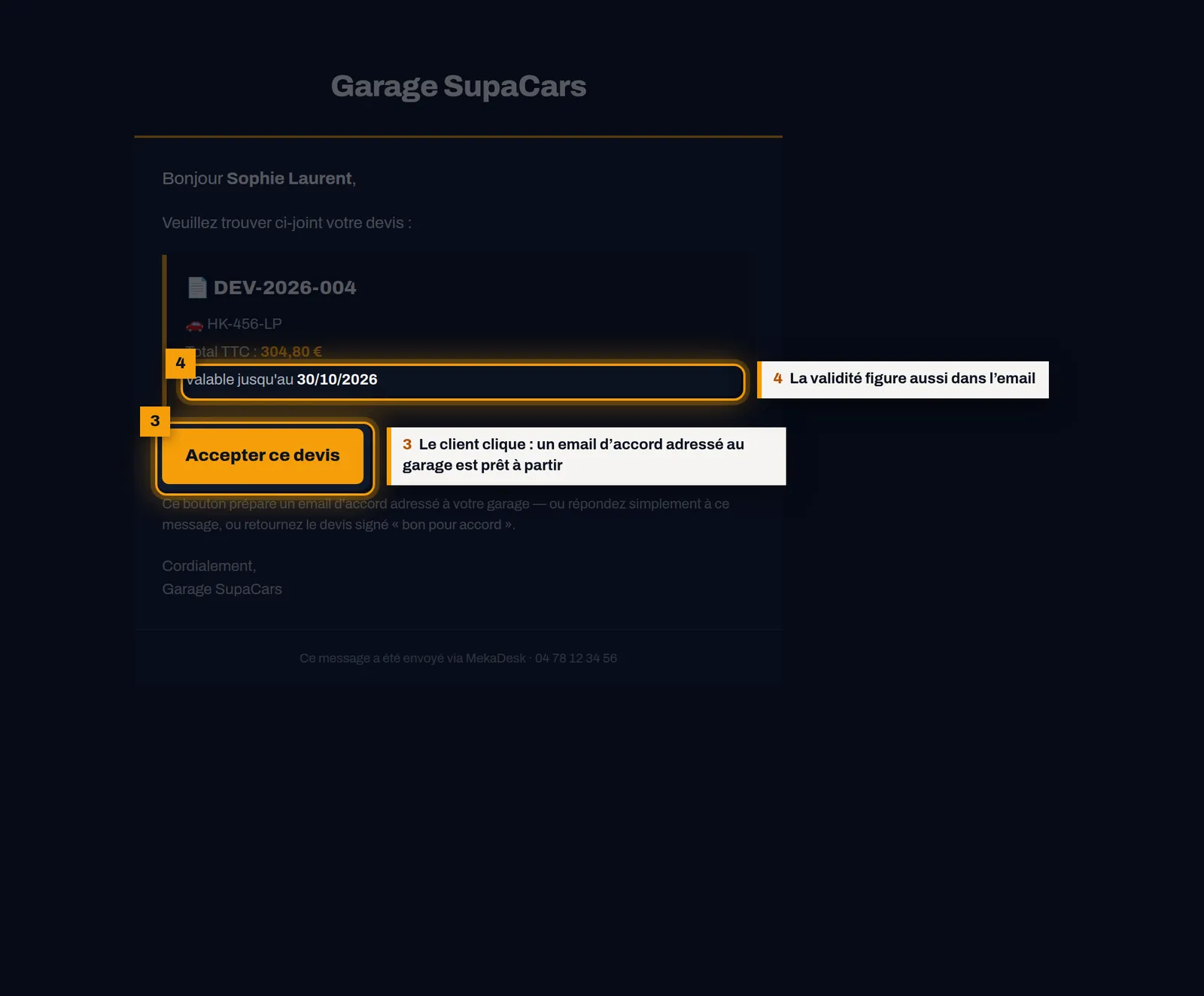 Le client accepte depuis l'email : capture de l'écran MekaDesk