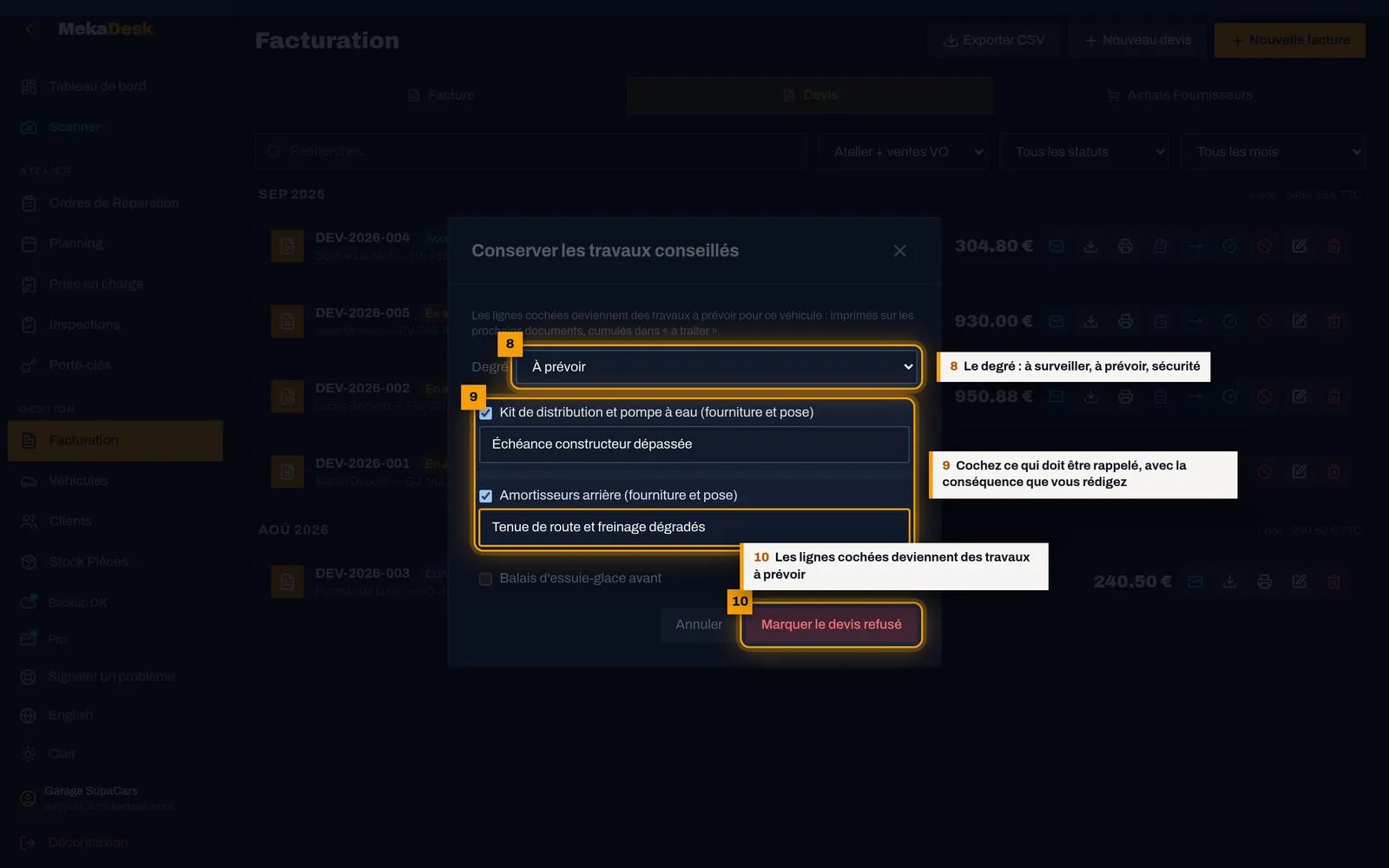 Devis refusé : gardez les travaux conseillés : capture de l'écran MekaDesk