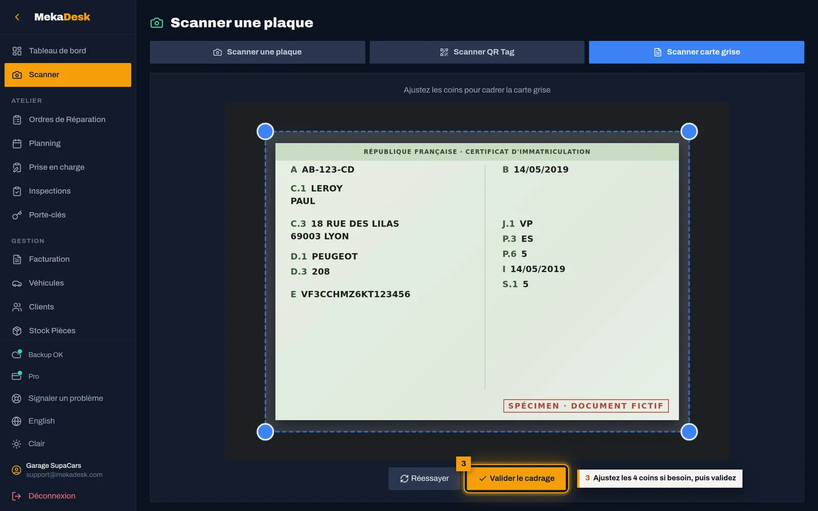 Ajustez le cadrage : capture de l'écran MekaDesk