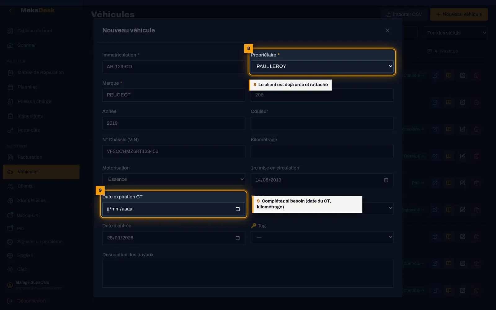 Créez le client et le véhicule : capture de l'écran MekaDesk