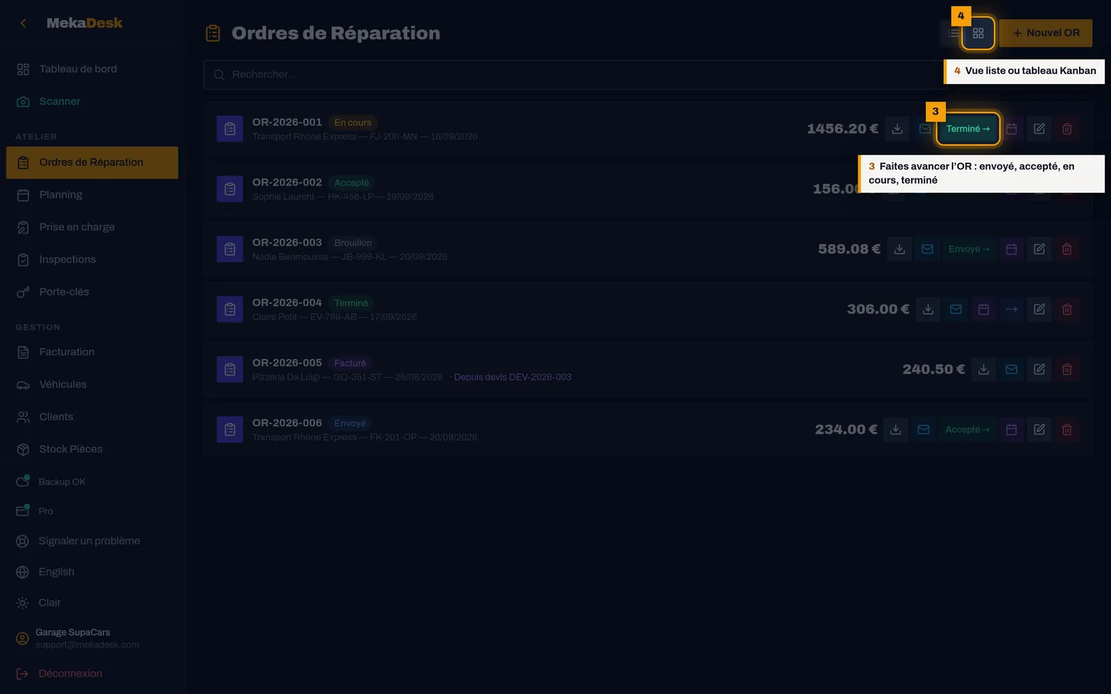 Suivez l'ordre de réparation : capture de l'écran MekaDesk