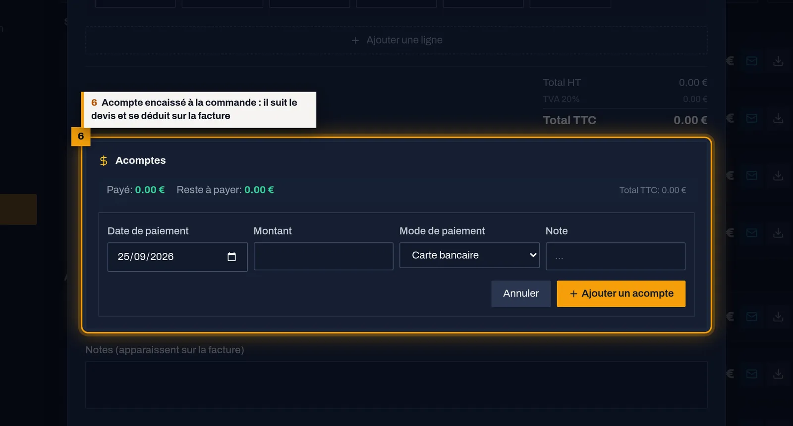 Gérez les acomptes : capture de l'écran MekaDesk