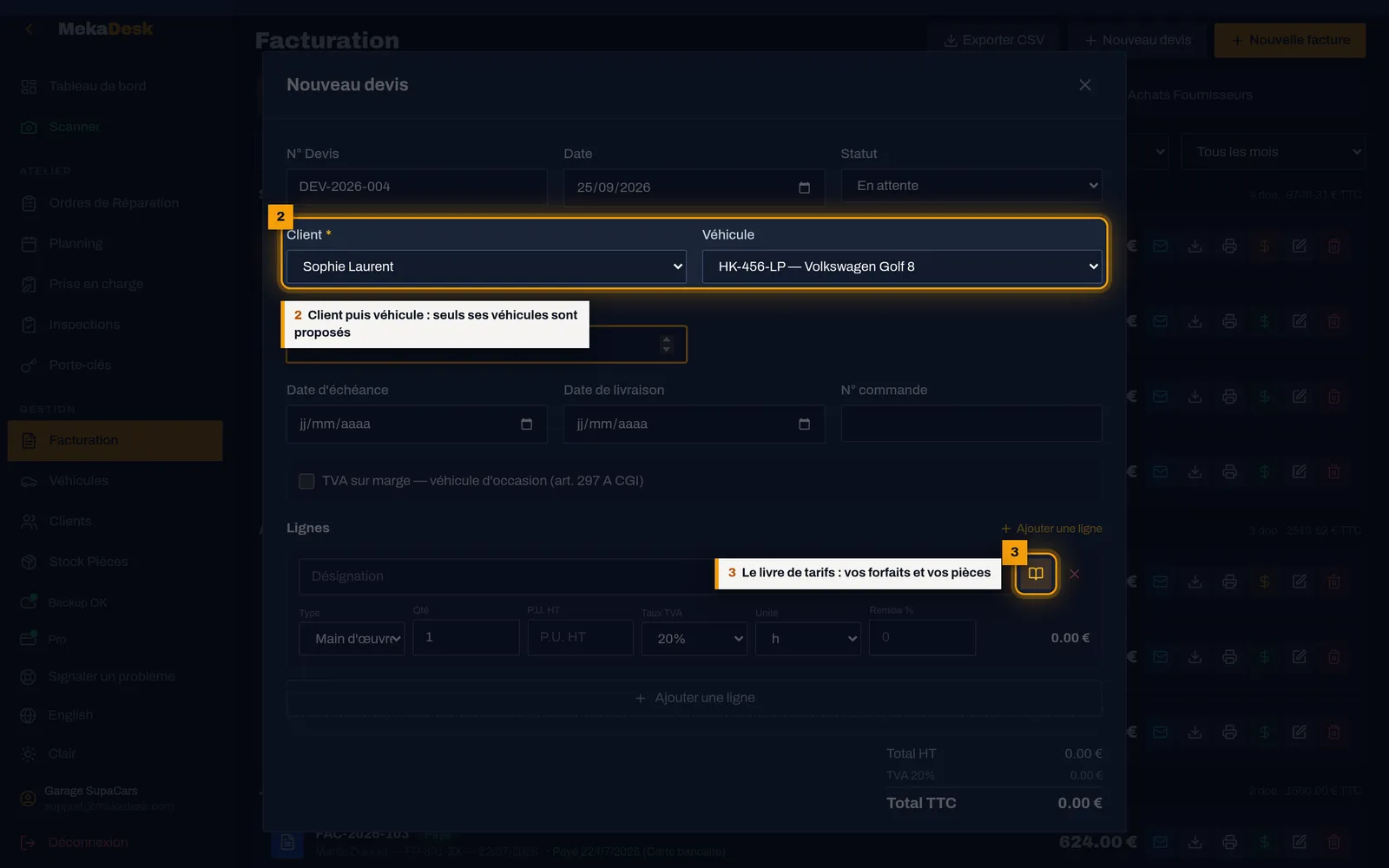 Choisissez le client, puis le véhicule : capture de l'écran MekaDesk