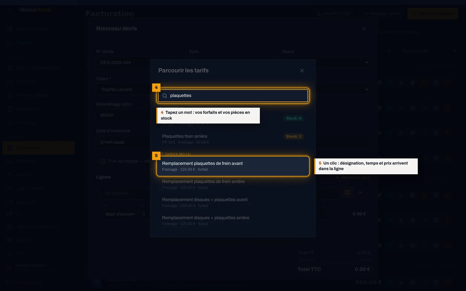 Ajoutez un forfait depuis le livre de tarifs : capture de l'écran MekaDesk