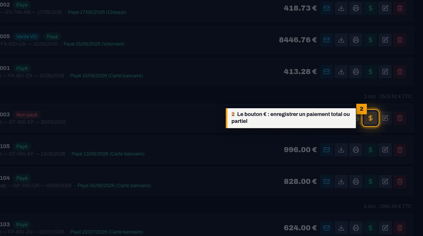 Enregistrez un paiement : capture de l'écran MekaDesk