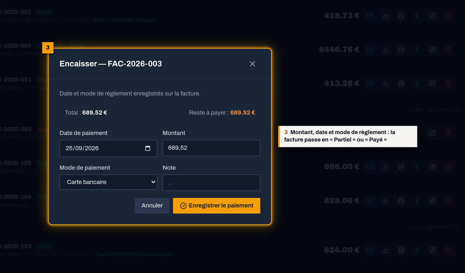 Montant, date et mode de règlement : capture de l'écran MekaDesk