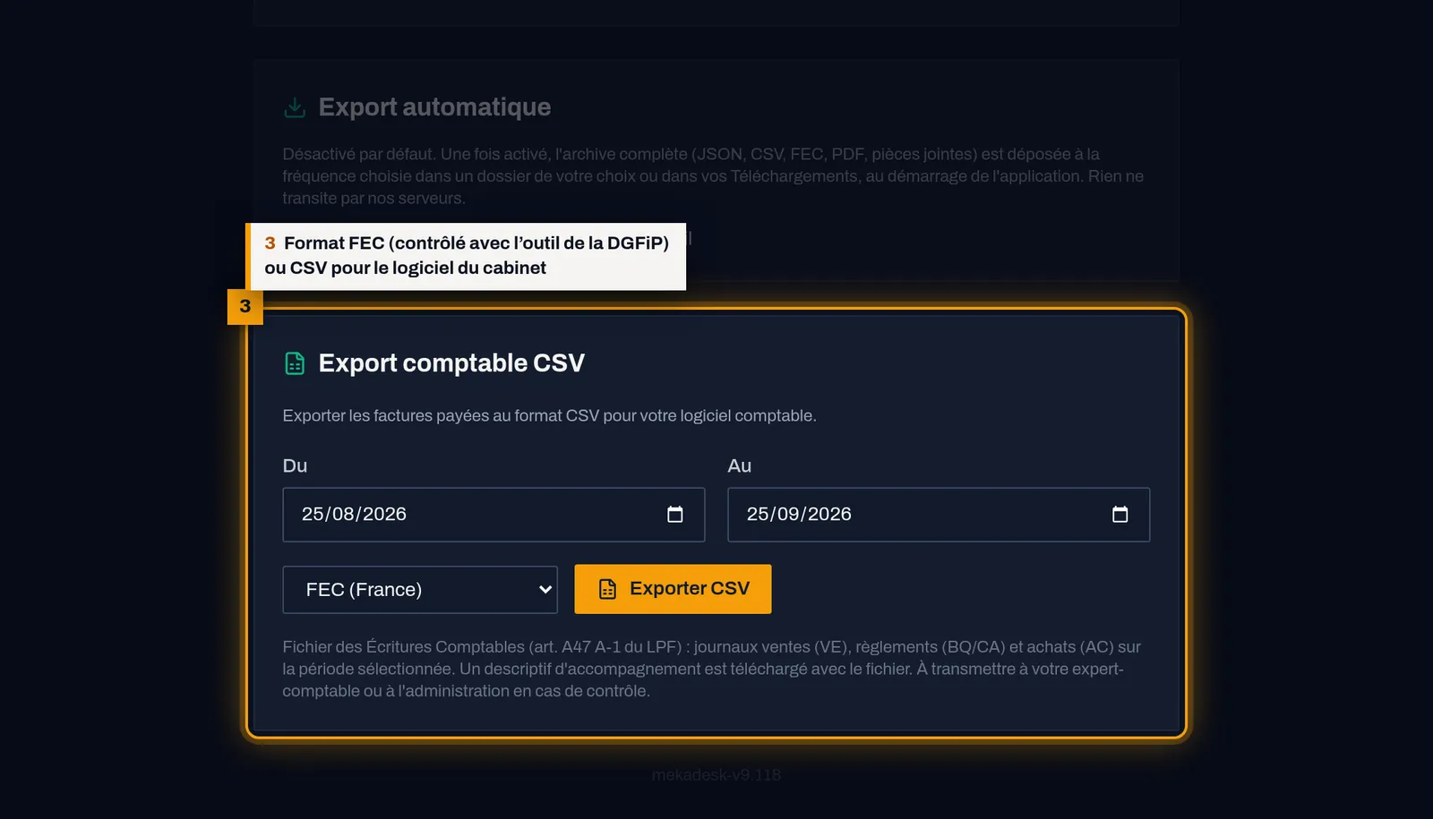 Produisez le FEC : capture de l'écran MekaDesk