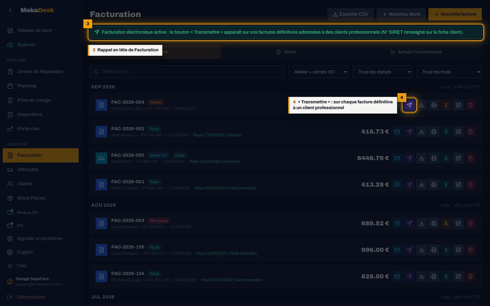 Transmettez une facture : capture de l'écran MekaDesk