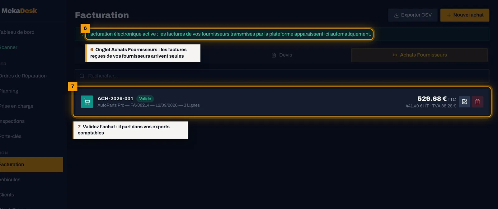 Recevez les factures de vos fournisseurs : capture de l'écran MekaDesk