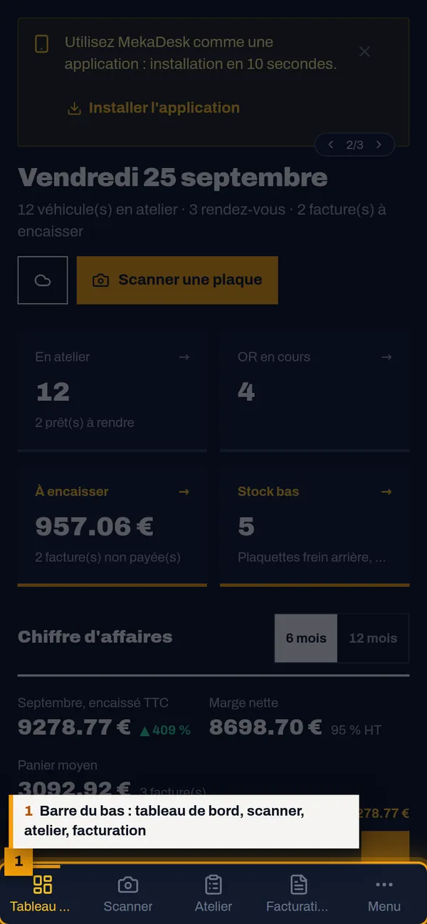 Naviguez avec la barre du bas : capture de l'écran MekaDesk