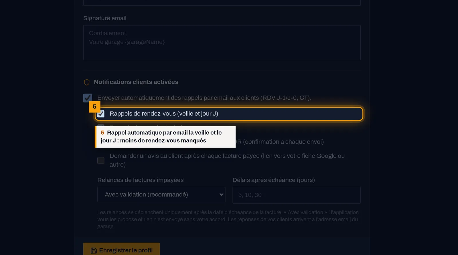 Activez les rappels automatiques : capture de l'écran MekaDesk