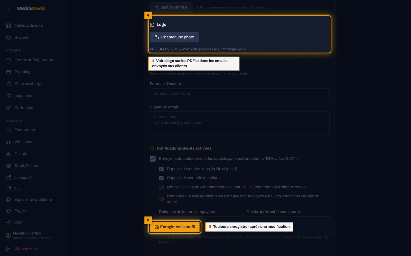 Ajoutez votre logo, puis enregistrez : capture de l'écran MekaDesk