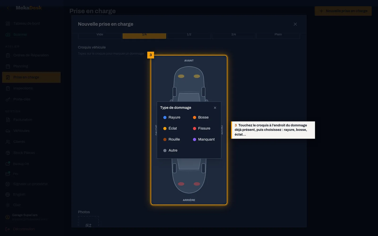 Marquez les dommages déjà présents : capture de l'écran MekaDesk
