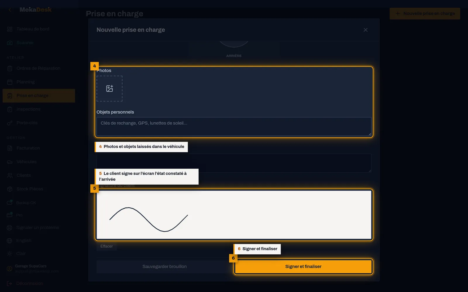 Photos, objets personnels et signature : capture de l'écran MekaDesk