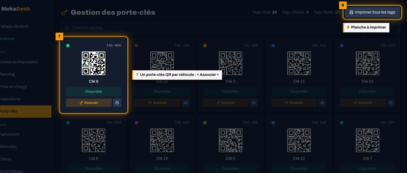 Associez un porte-clés QR : capture de l'écran MekaDesk