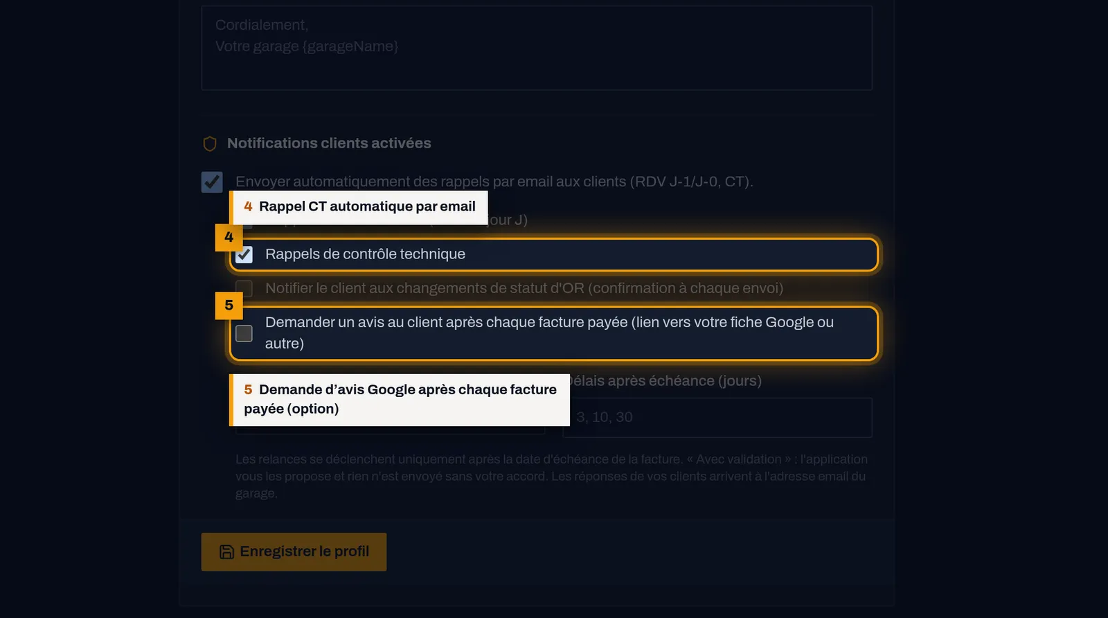 Automatisez les rappels et la demande d'avis : capture de l'écran MekaDesk