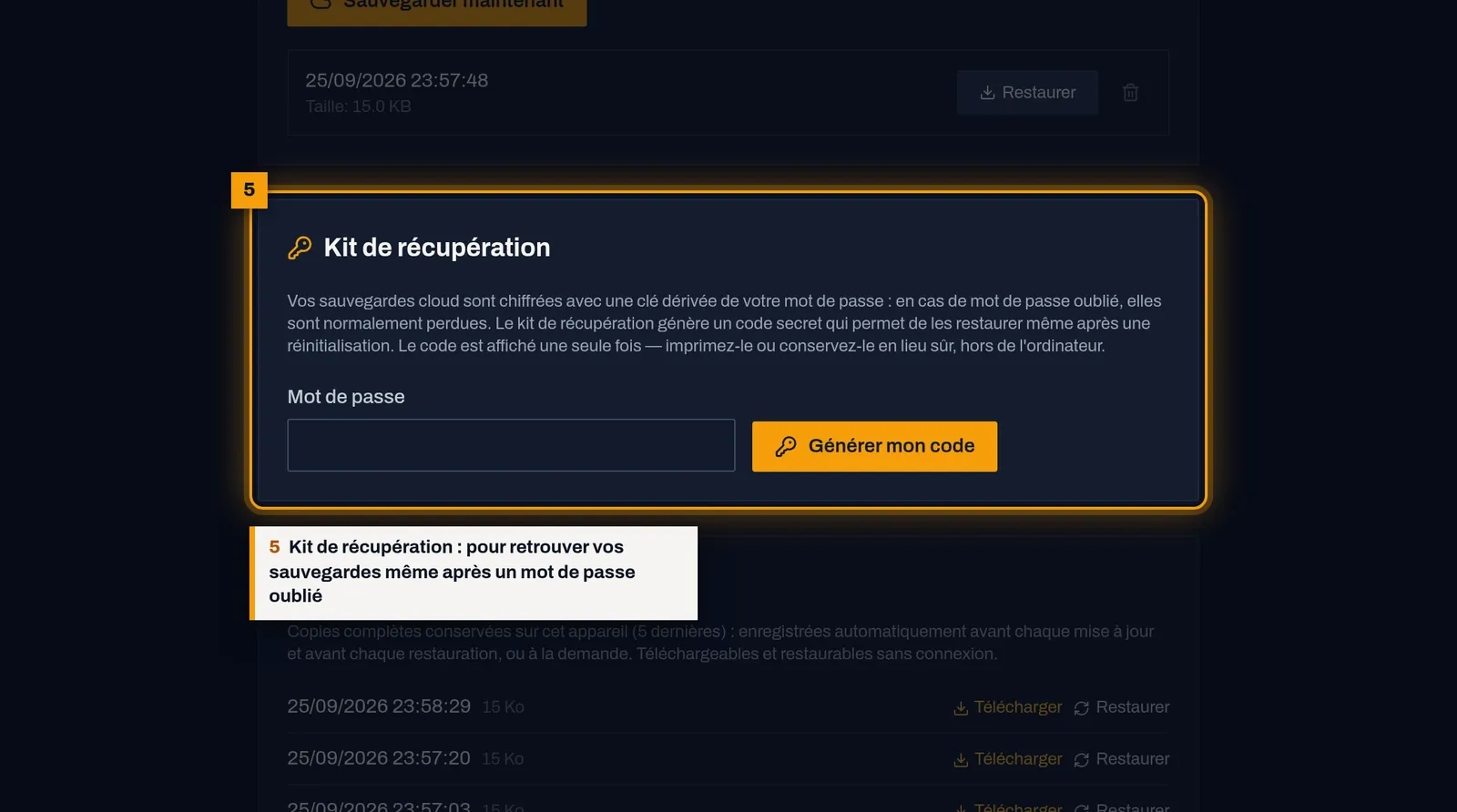 Générez votre kit de récupération : capture de l'écran MekaDesk