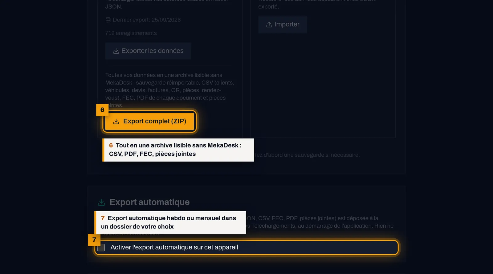 Exportez tout, quand vous voulez : capture de l'écran MekaDesk