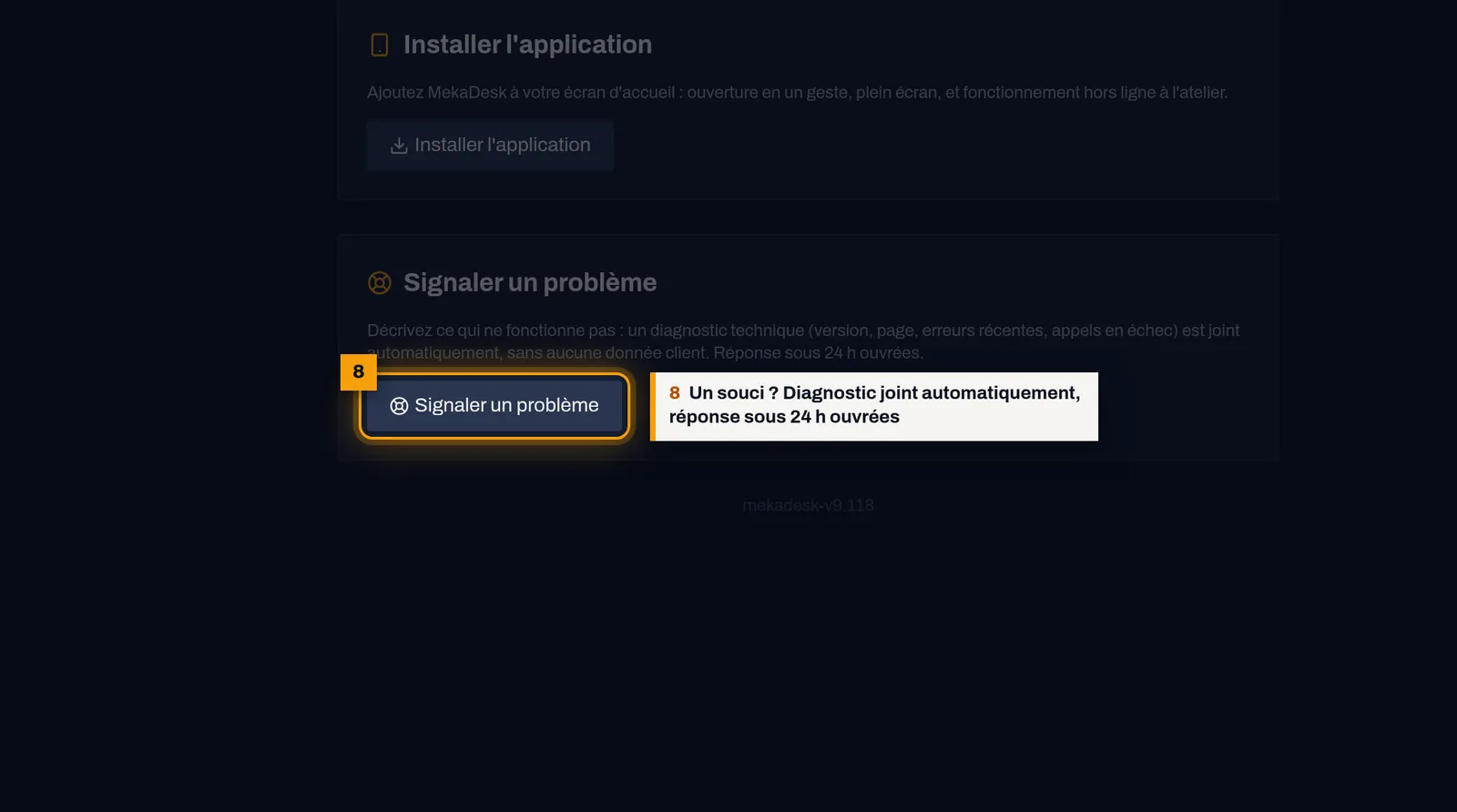 Un souci ? Signalez-le : capture de l'écran MekaDesk