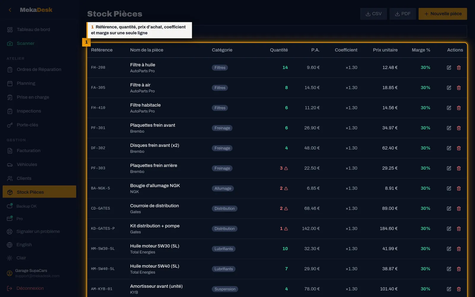 Consultez le stock : capture de l'écran MekaDesk