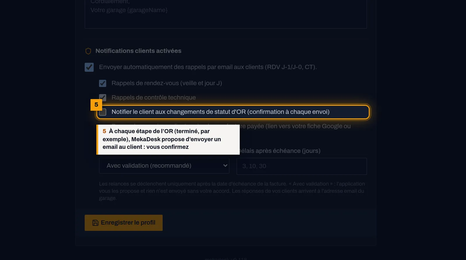 Prévenez le client par email : capture de l'écran MekaDesk