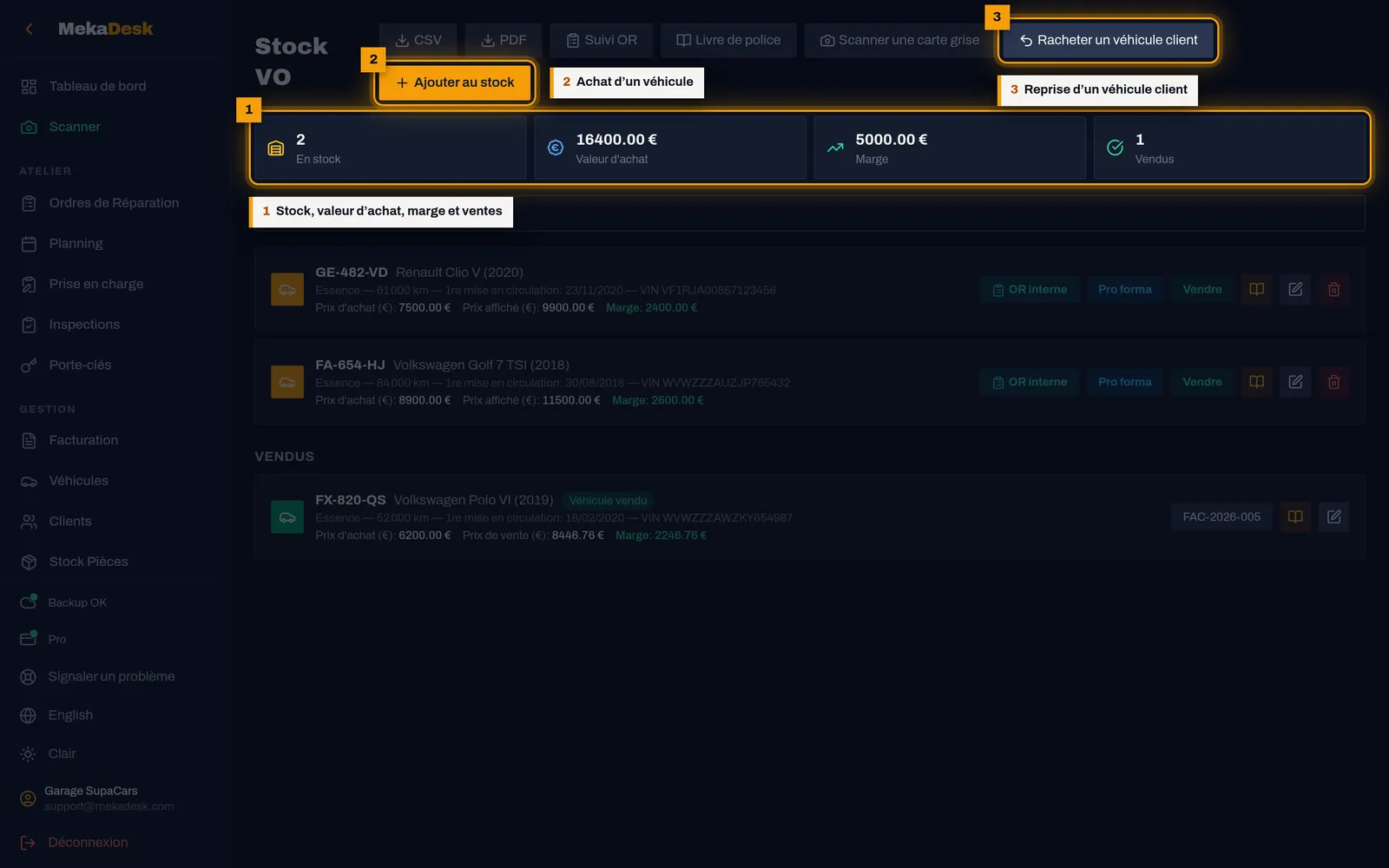 Entrez le véhicule en stock : capture de l'écran MekaDesk